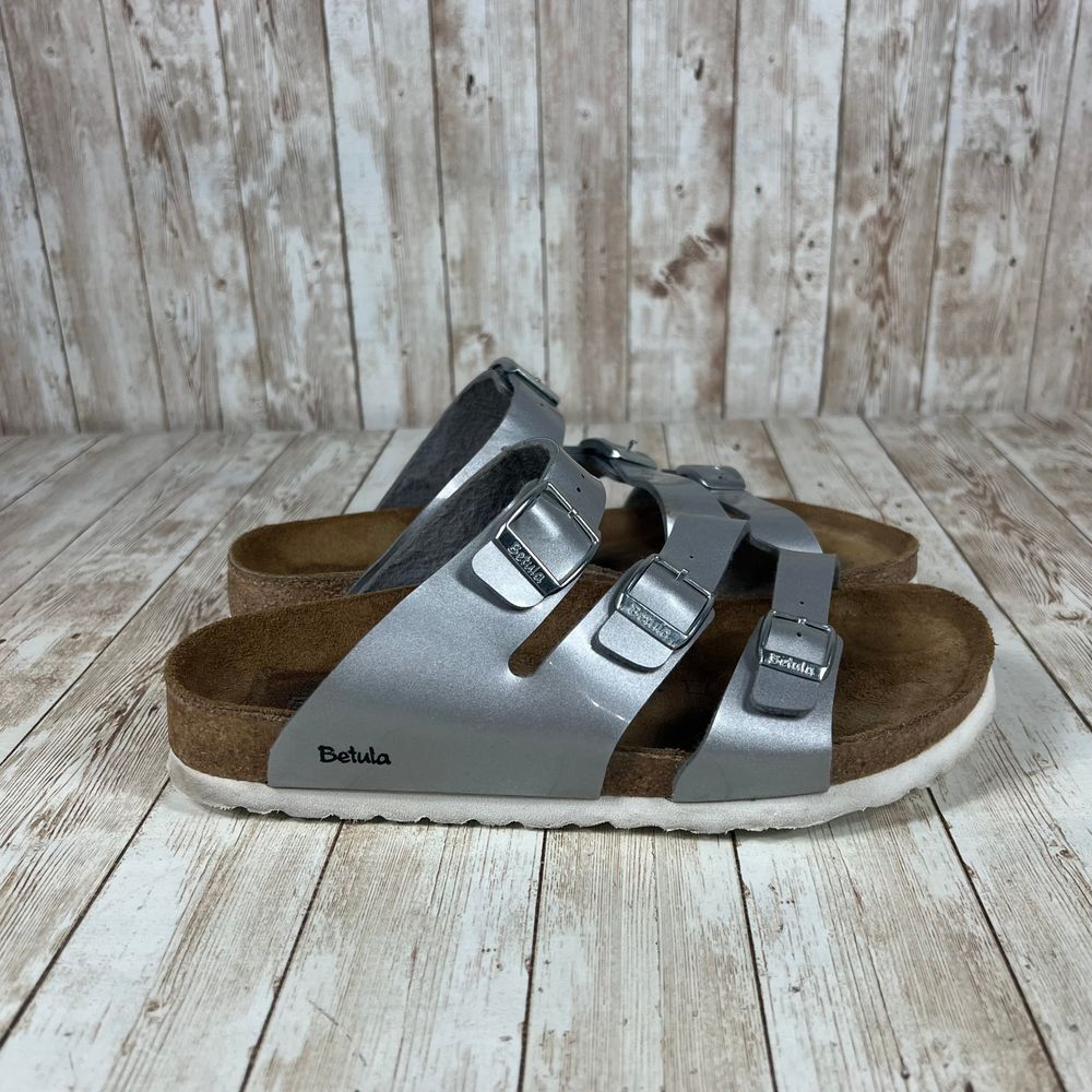 Betula Silver Metallic Triple Strap Comfort‎ Sandals Cork Summer Slides Womens 7